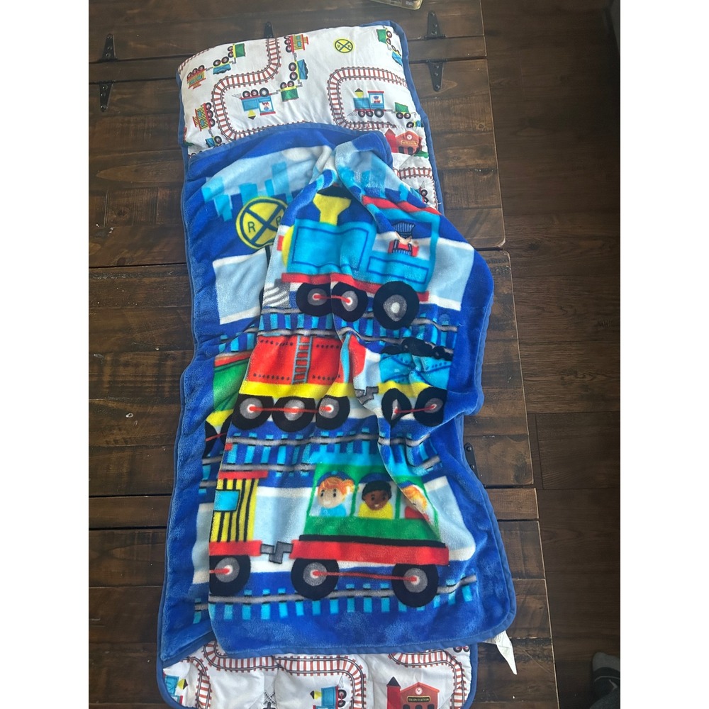 Everyday Kids Toddler Sleeping Bag Roll Up Nap Mat Train Theme Blue